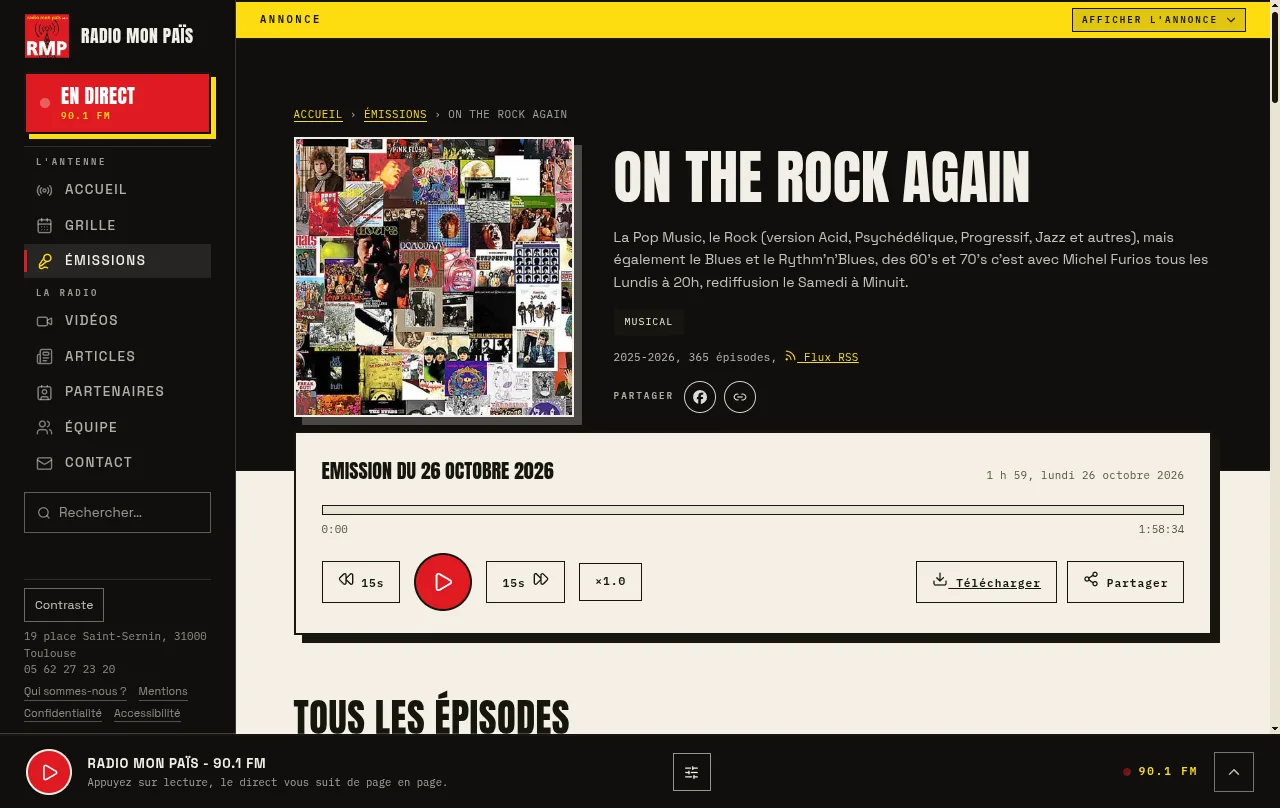 La page d'une émission, avec le lecteur et tous les épisodes